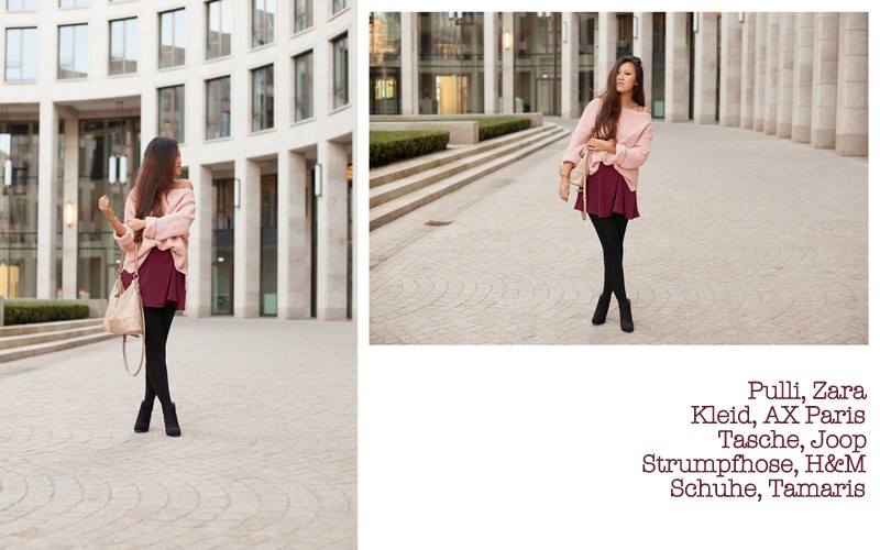 Rosa offshoulder Pulli, weinroter rock