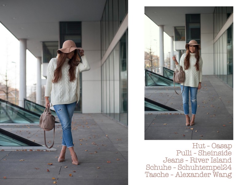 Weißer Pulli, Hut, Jeans
